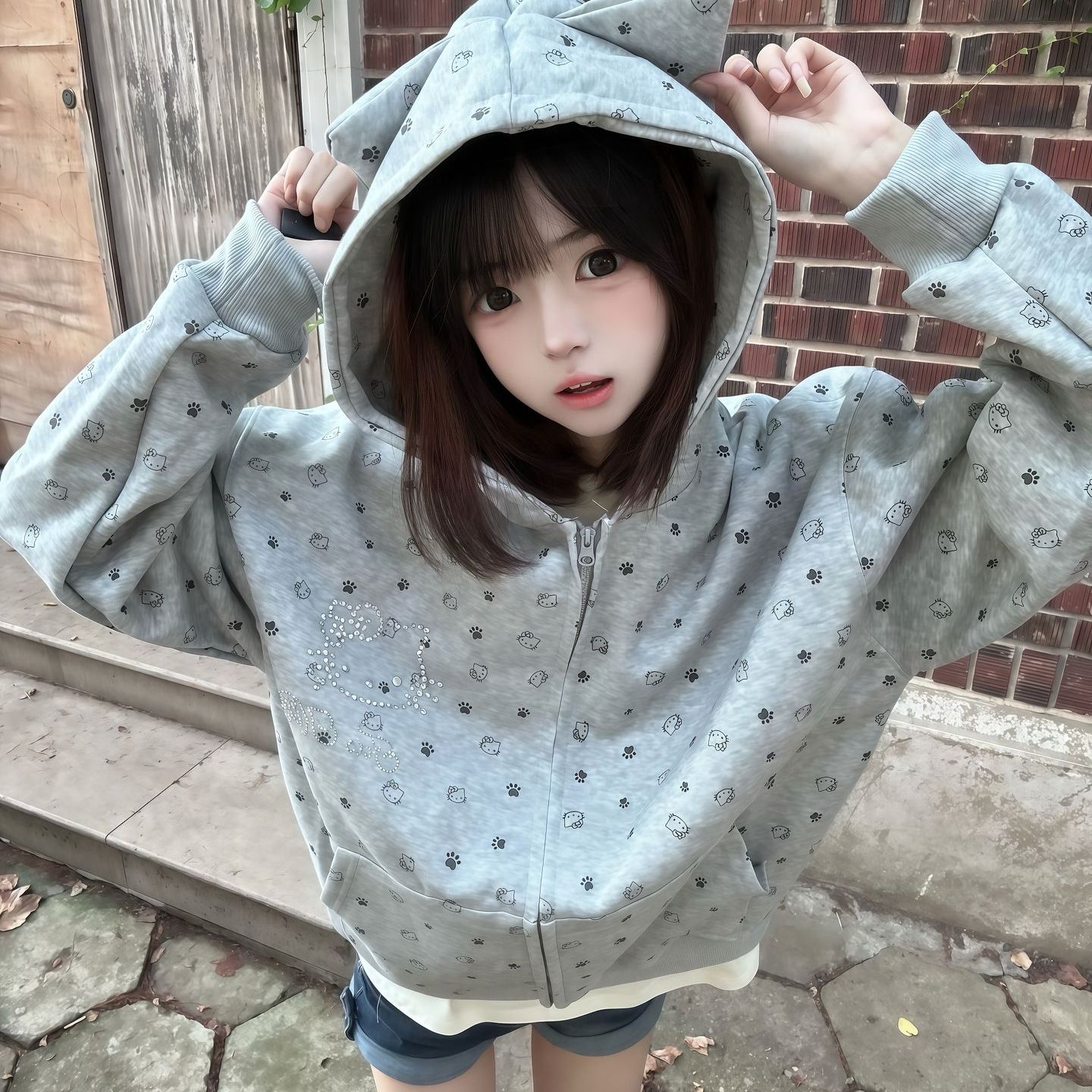 美式复古凯蒂猫满印连帽卫衣