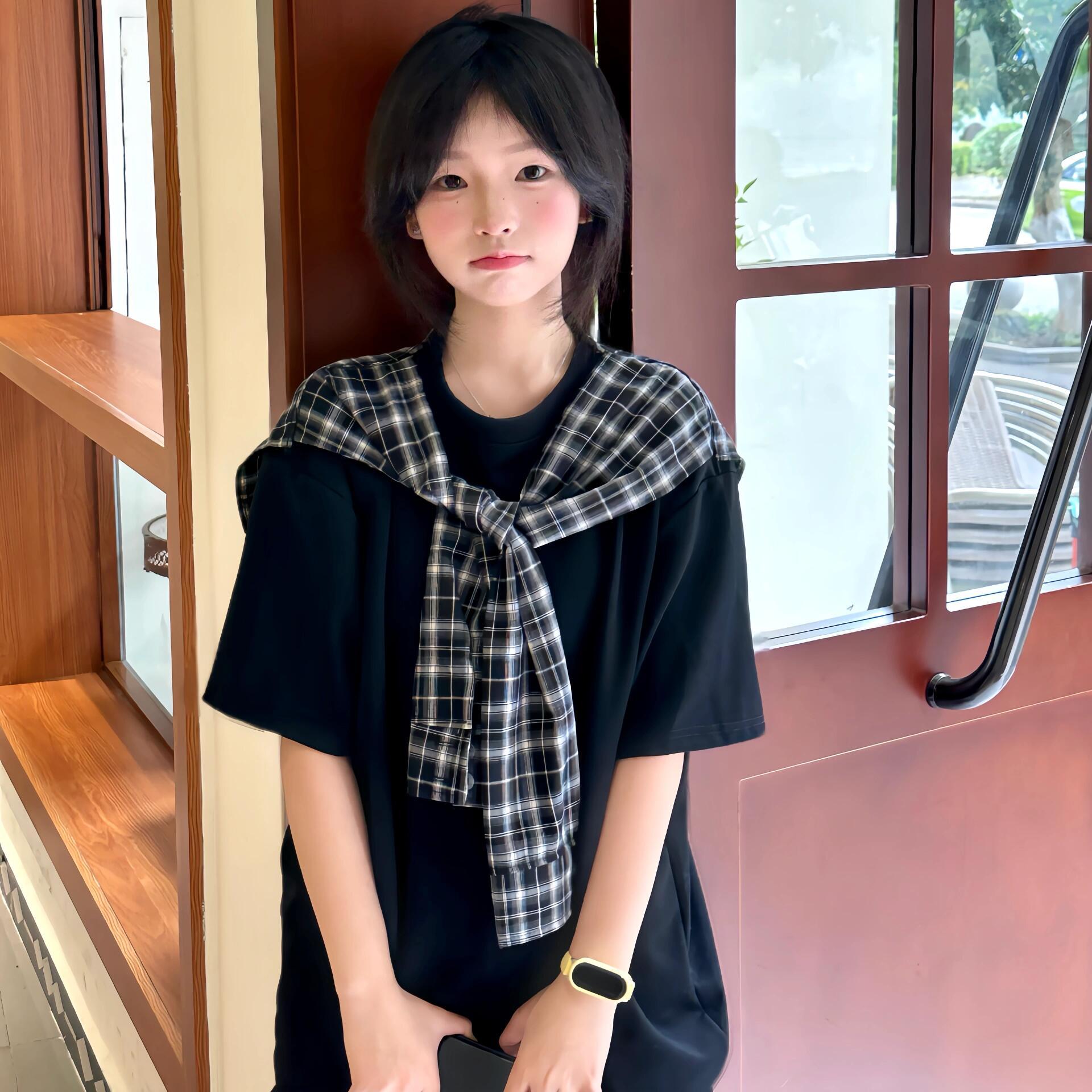 美式复古披肩格子假两件短袖t恤