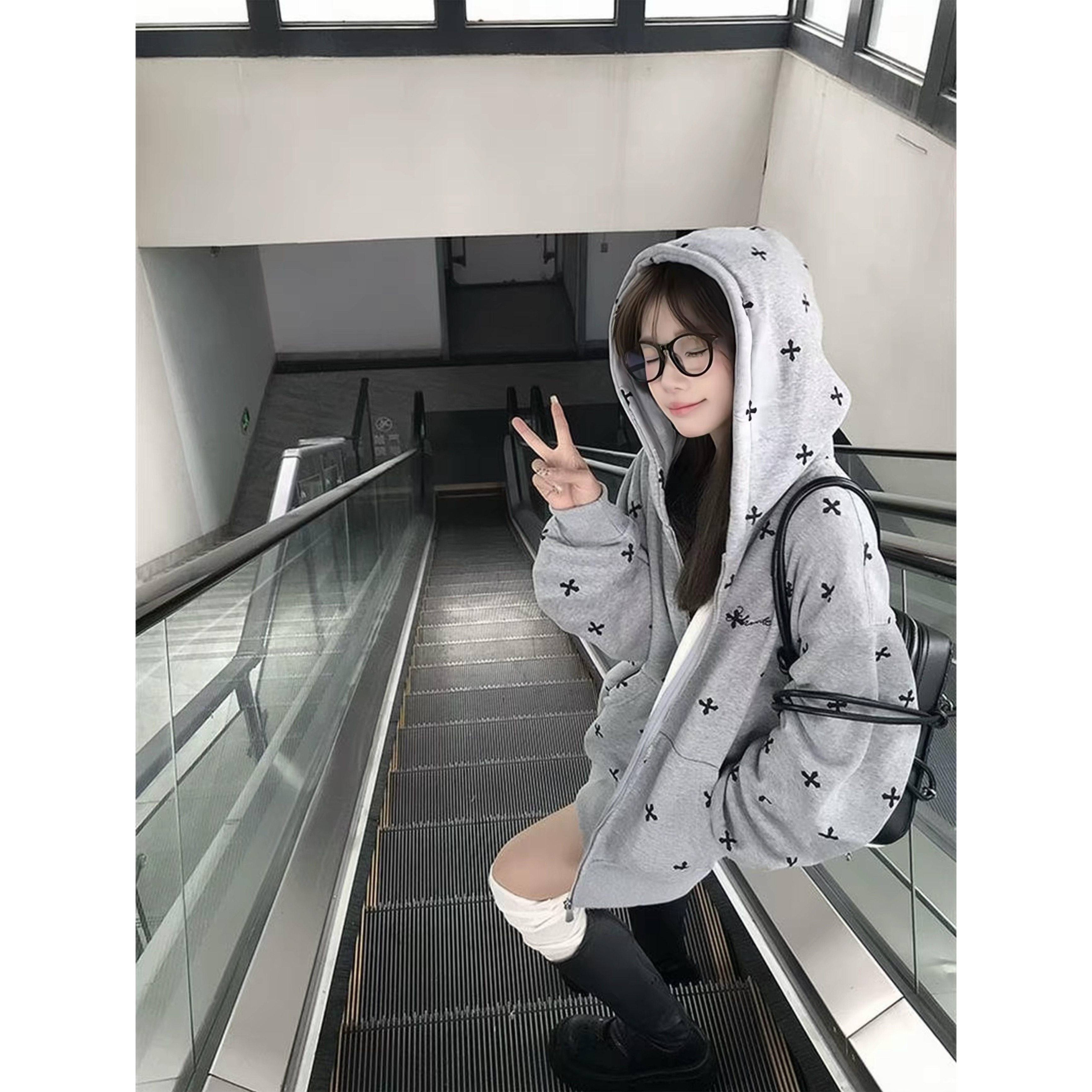 美式高街十字架印花连帽卫衣女春秋薄款宽松开衫拉链情侣灰色外套