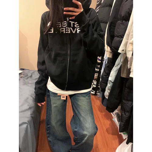 美式街头黑色字母印花卫衣女春秋宽松oversize慵懒风开衫情侣外套