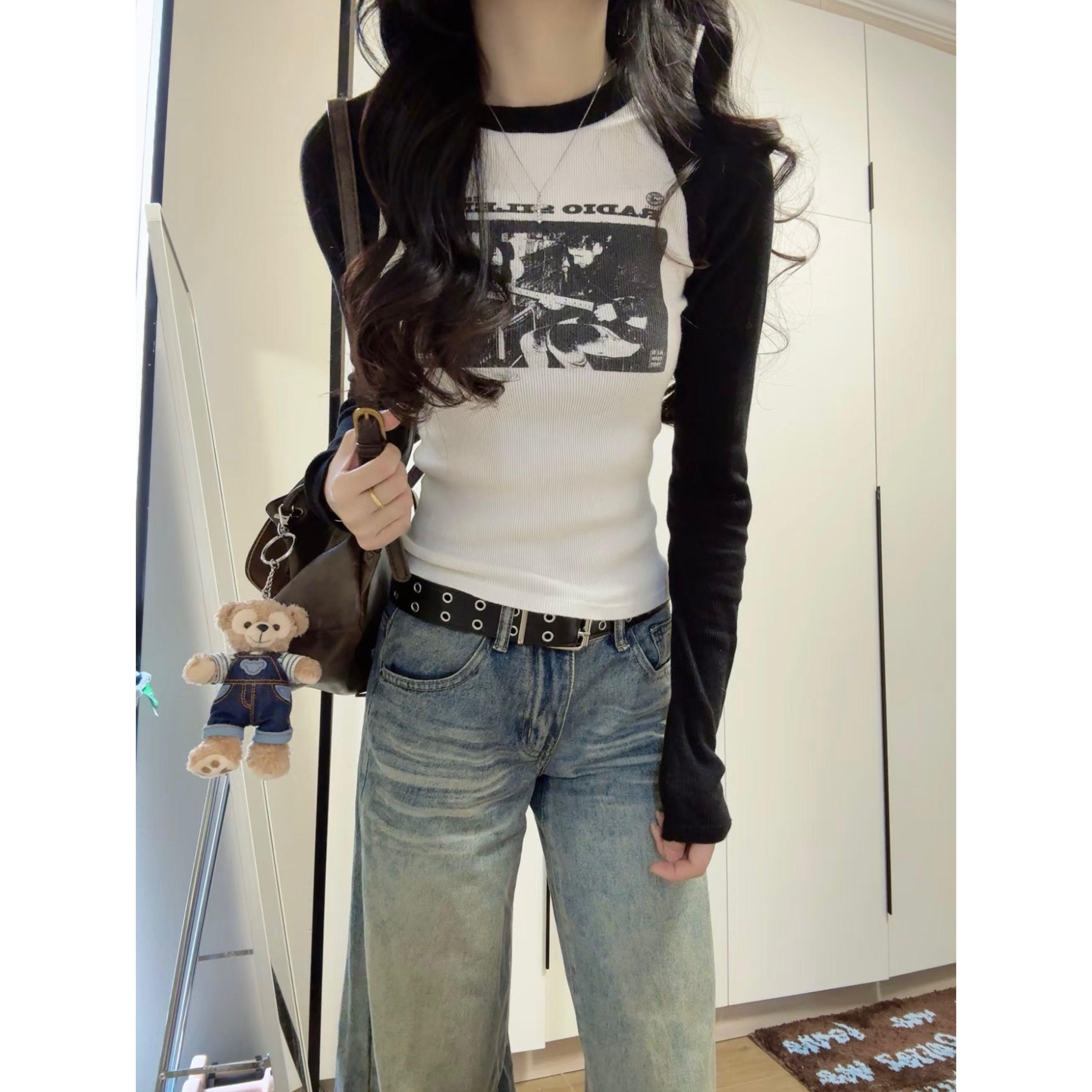 美式复古吉他手印花插肩长袖t恤女春季BM修身撞色内搭打底衫上衣