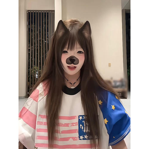 美式复古撞色插肩短袖t恤女夏季星星旗帜印花设计感宽松半袖上衣