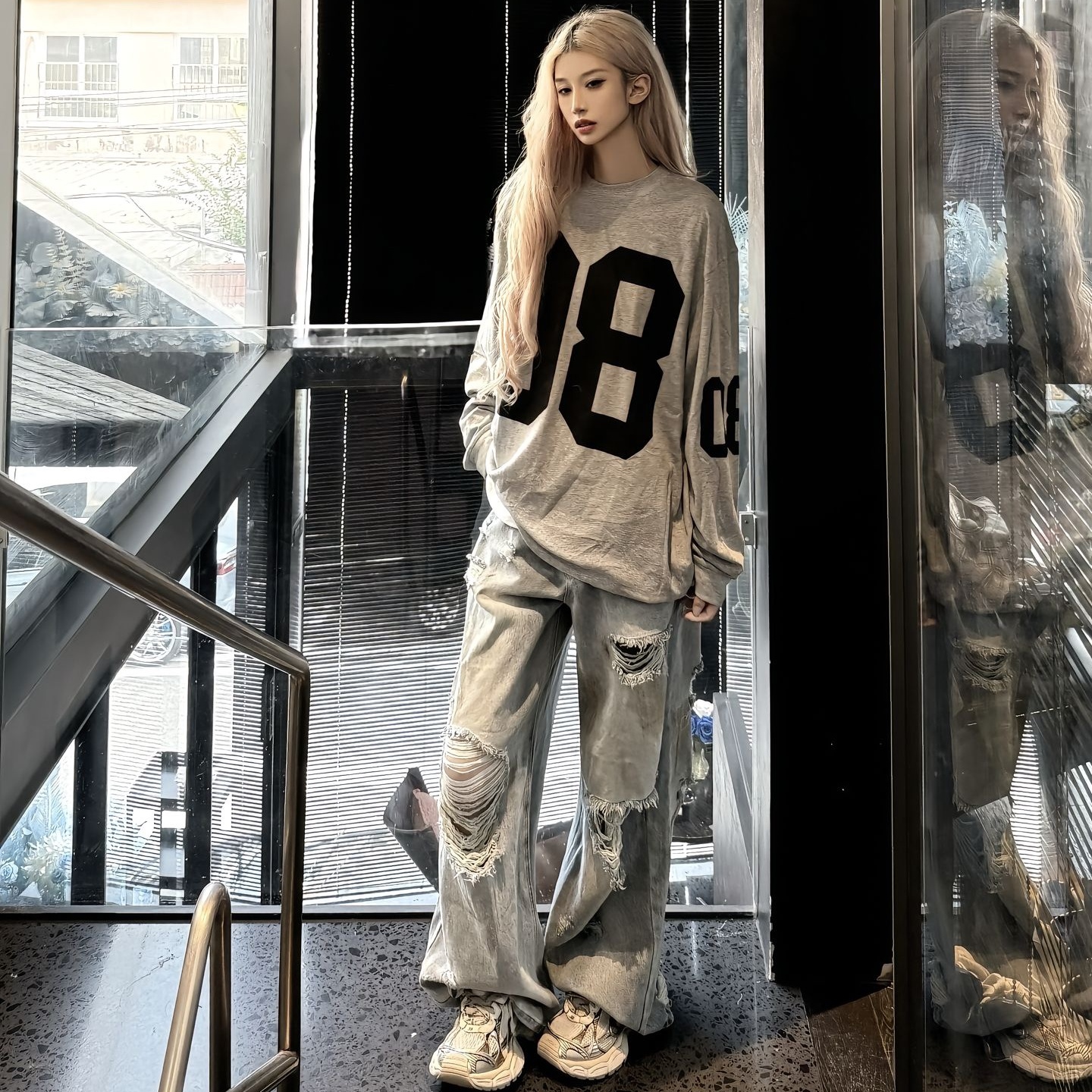 美式高街08印花长袖t恤女