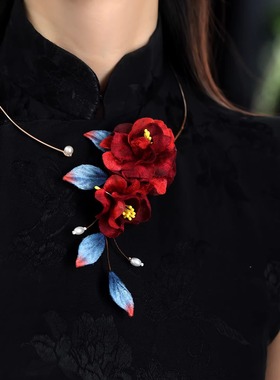 项链女款新中式红色布艺花朵古典项圈秀禾配饰小众设计感旗袍颈饰