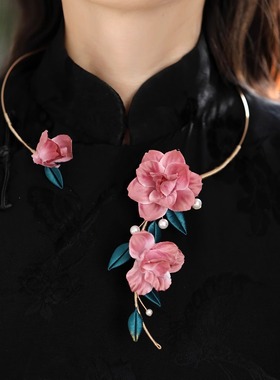 国风古典新中式粉色花朵项链锁骨链超仙气质旗袍配饰项圈小众设计