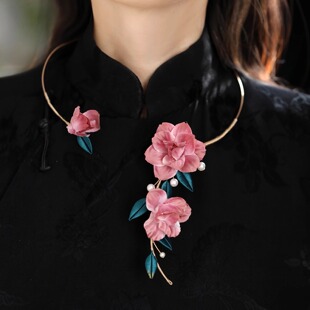 国风古典新中式粉色花朵项链锁骨链超仙气质旗袍配饰项圈小众设计