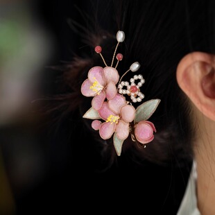 粉色仙美古风头饰新中式国风旗袍盘发丸子头日常汉服侧边夹发饰女