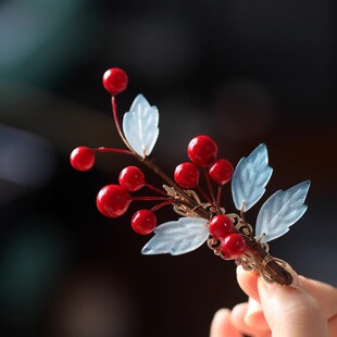 新中式红色发夹秋冬果果汉服发饰古风侧边夹旗袍配饰头饰女鸭嘴夹