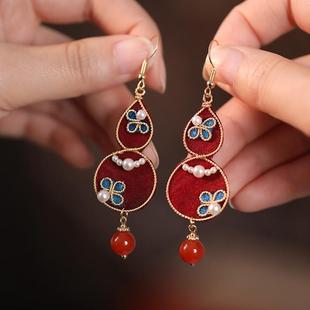 国风耳环女新中式新娘秀禾复古秋冬手工布艺耳饰红色旗袍古风耳坠