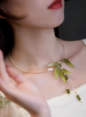 手工缠花竹叶天然石竹节国风项圈