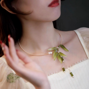原创设计 古典国风项圈女 手工缠花竹叶天然石竹节颈圈旗袍配饰