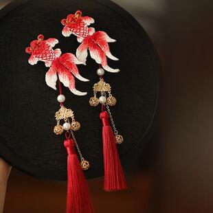 新年头饰中国风锦鲤女童发夹步摇流苏红色刺绣儿童古风汉服边夹