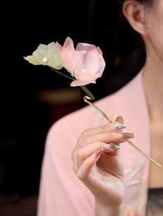 新中式国风发簪真丝烫花荷花簪子女古风古典舞头饰超仙气盘发发钗