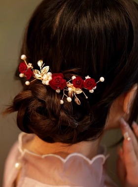 山茶花发夹新娘红花头饰秀禾汉服新中式后脑勺古风旗袍马面裙发饰