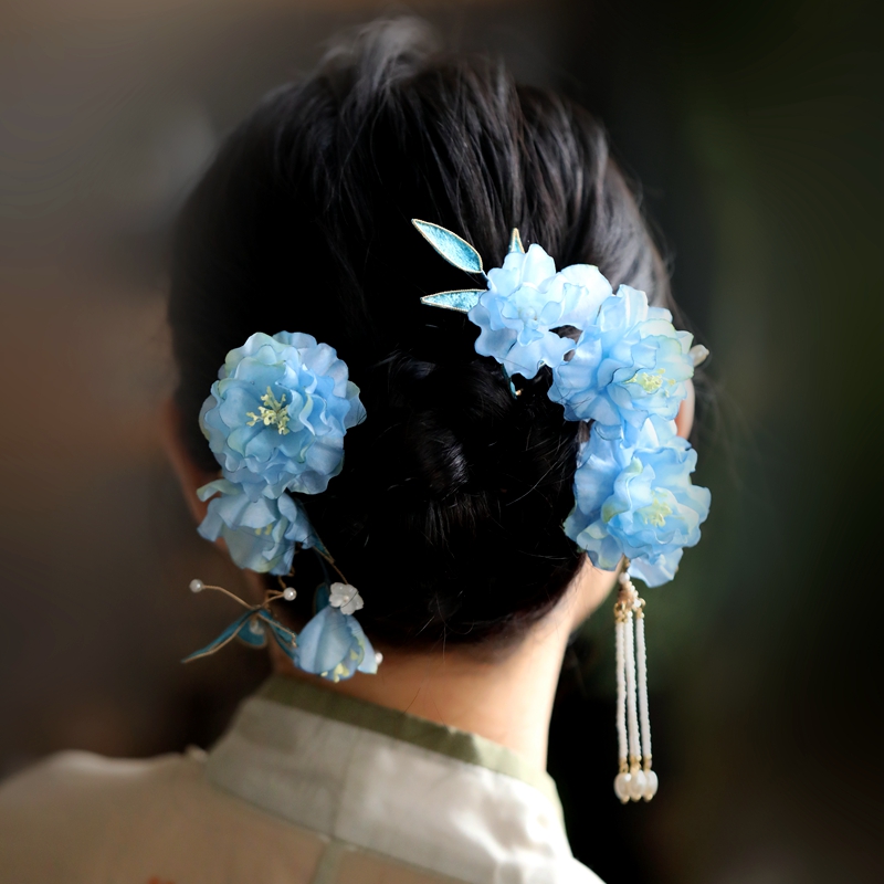 古风花朵盘发头饰清汉女超仙汉服发饰旗袍蓝色发夹侧边配饰步摇