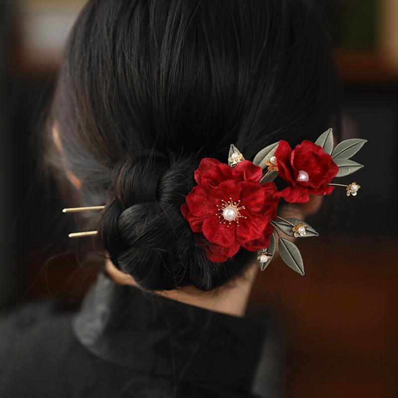 新中式红色头饰秀禾敬酒服盘发新娘发饰古装汉服马面裙发簪丸子头