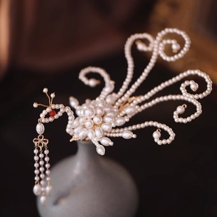 古风头饰 凤凰珠花夹子边夹侧边发饰 唐风宋制侧凤发夹汉服配饰女