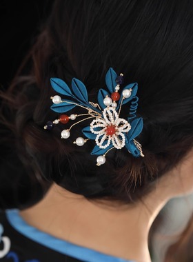 清汉女头饰中国风古典发夹女蓝色宋制头饰气质优雅秀禾发饰旗袍夹