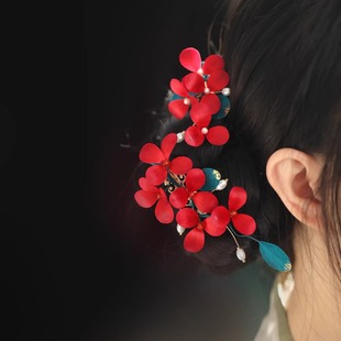 手工绒花中国风花朵发夹女红色婚礼发饰边夹秀禾头饰新年汉服夹子