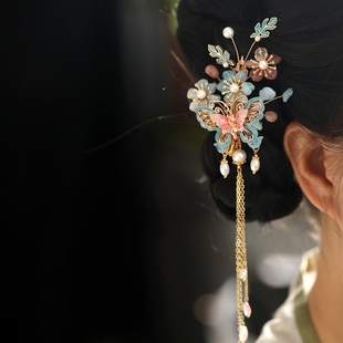 汉服发饰高级感蝴蝶古风发夹步摇流苏旗袍复古头饰清汉女侧边夹
