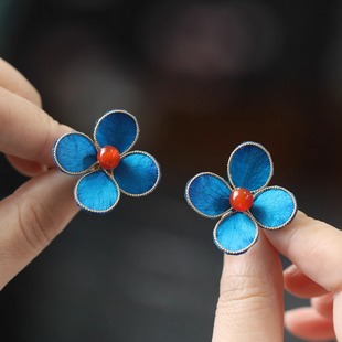 耳钉女小众设计感 手工绒花复古蓝色耳饰国风新中式旗袍配饰耳环