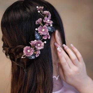 发夹森系 仙美后脑勺盘发软簪唐风布艺花朵侧边夹高级感古风头饰