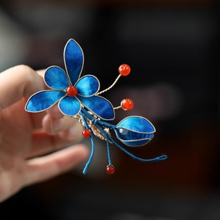 新中式复古气质蓝色绒花发夹女国风高级感旗袍配饰侧边夹唐风发饰