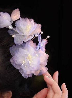 森系 仙美手工真丝烫花牡丹芍药汉服后压头饰 唐风大花朵紫色发夹