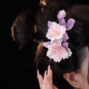 古风发夹侧边唐风汉服夹子头饰边夹花朵牡丹花芍药发饰簪花粉色