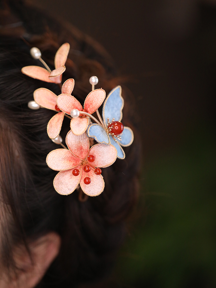 仿绒花仙美古典发夹汉服头饰侧边