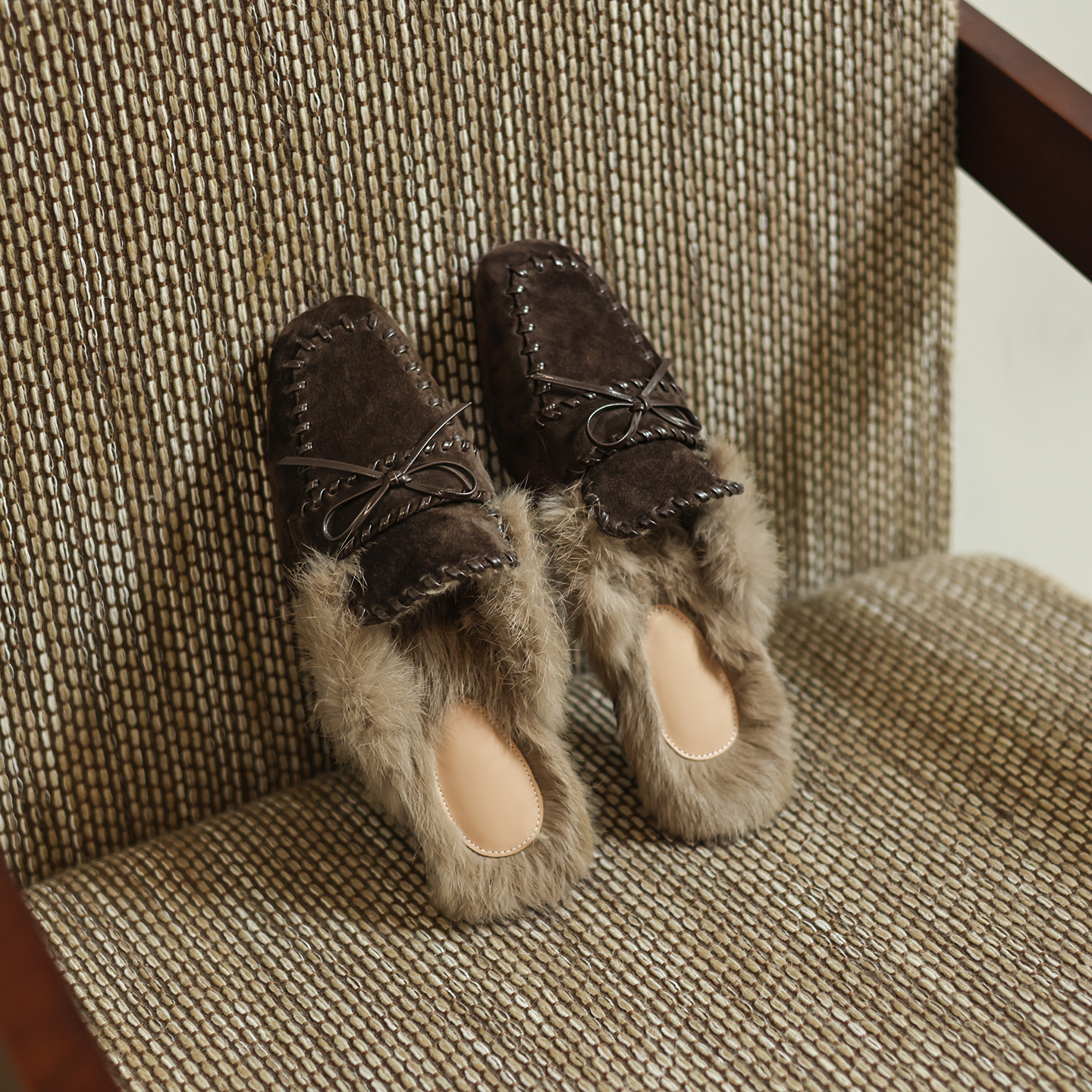 真皮真毛包头低跟女毛毛拖鞋舒适