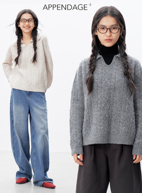 APPENDAGE羊毛polo小v领复古麻花编织毛衣女2025秋冬新品宽松上衣