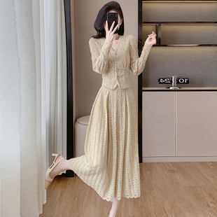 蕾丝连衣裙女轻奢高级感小香风两件套女秋冬装名媛减龄气质套装裙