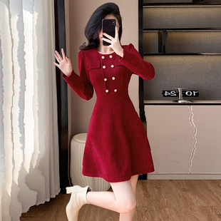 高端名媛长袖双排扣红色小香风连衣裙女轻奢高级感2024新款秋冬款
