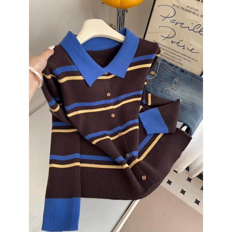 大码女装撞色翻领条纹针织开衫2025新款秋冬胖mm显瘦内搭打底上衣,女装/女士精品,毛针织衫,淘宝优惠券,粉丝福利购,淘宝优惠卷