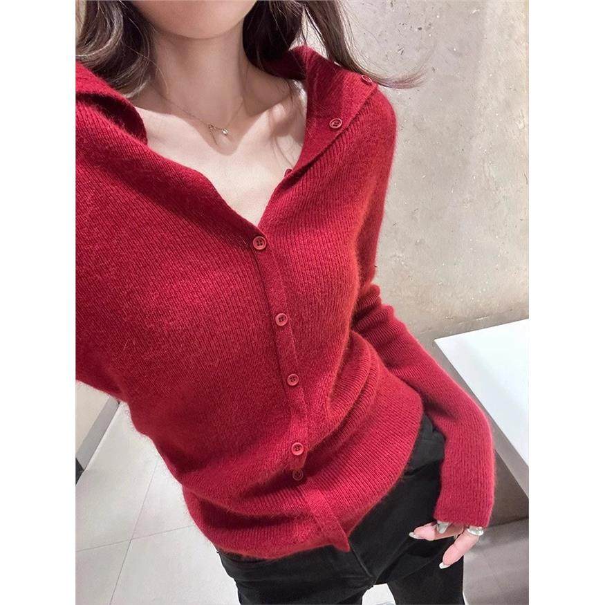 新年红色修身翻领针织开衫外套女秋冬别致绝美毛衣内搭打底衫上衣,女装/女士精品,毛针织衫,淘宝优惠券,粉丝福利购,淘宝优惠卷