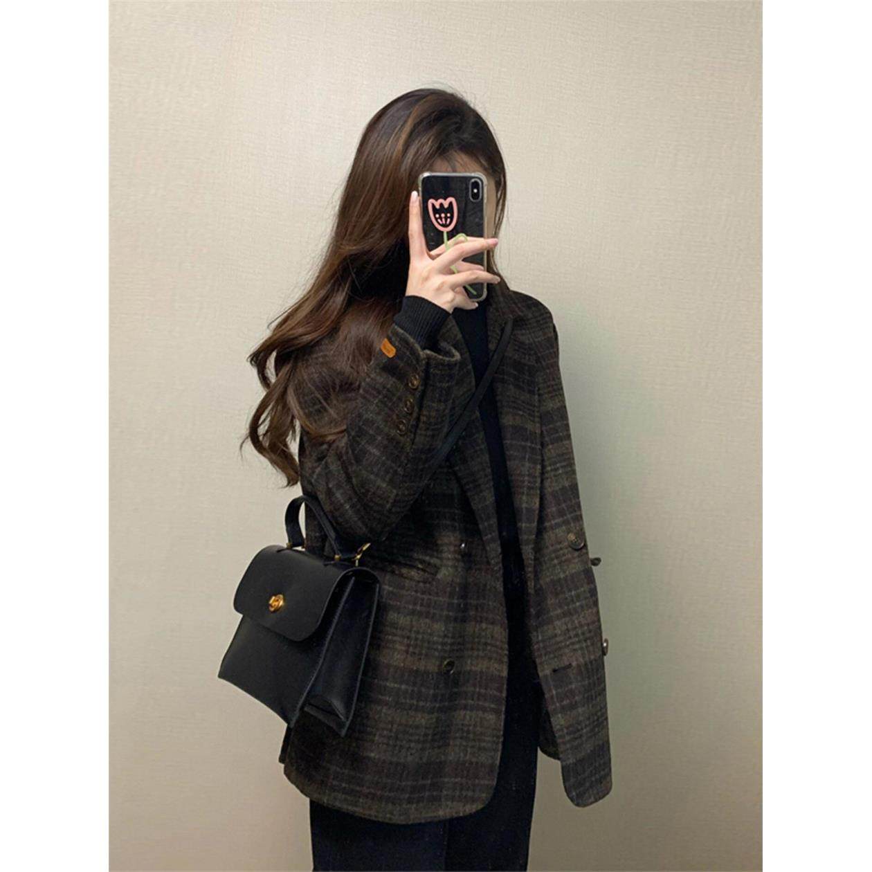 格子高级感西装呢子大衣女2025新款毛呢外套小个子赫本风气质韩系