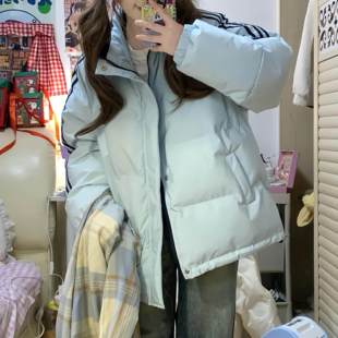 美式条纹立领羽绒棉服女大童冬季新款初中高中学生宽松面包服外套