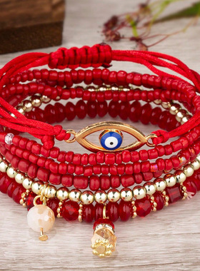 欧美时尚波西米亚名族风细米珠恶魔之眼配饰气质多层珠女手链1122