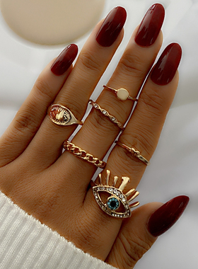 欧美风波希米亚复古眼睛太阳钻石关节戒指朋克风戒指套装六七件套