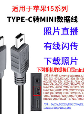 适用苹果15pro16佳能z62 5d3 600Dipad像素蛋糕尼康Z7d5100索尼A7M4m2m3a6000相机otg照片直播数据线下照片