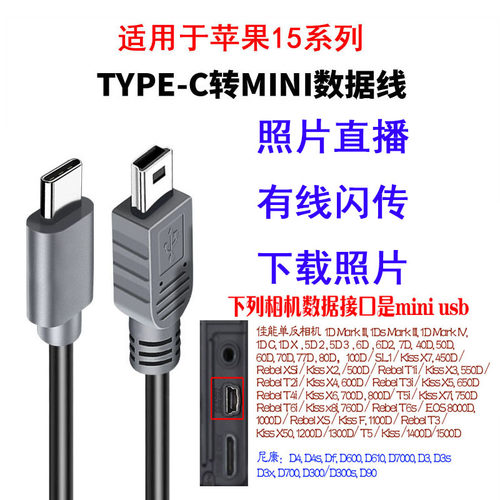 适用苹果15pro16佳能z62 5d3 600Dipad像素蛋糕尼康Z7d5100索尼A7M4m2m3a6000相机otg照片直播数据线下照片