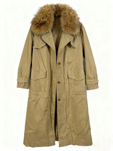 古着vintage复古卡其色毛领派克服女秋冬新款加厚保暖棉服外套