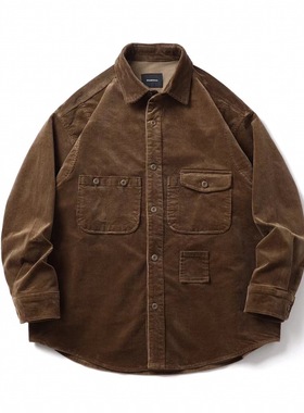 日系复古青年潮牌秋冬厚款灯芯绒衬衫铁道复古纯色长袖工程师衬衣