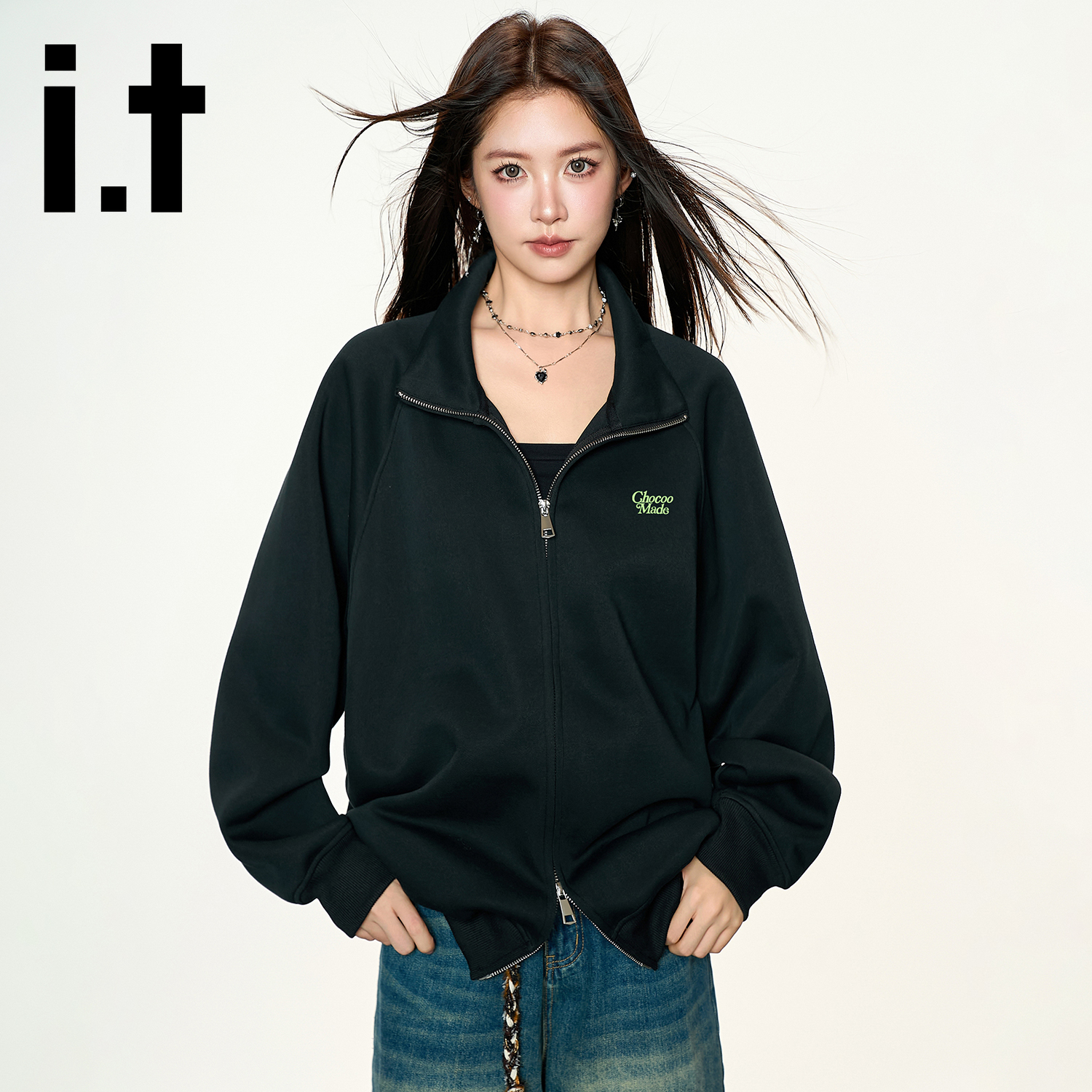 it:CHOCOOLATE重磅开衫立领加绒卫衣男女秋冬美式宽松休闲外套潮