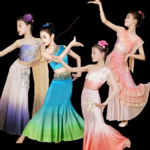 儿童傣族舞蹈演出服新款孔雀舞少数民族舞蹈服装泼水节傣族裙女童