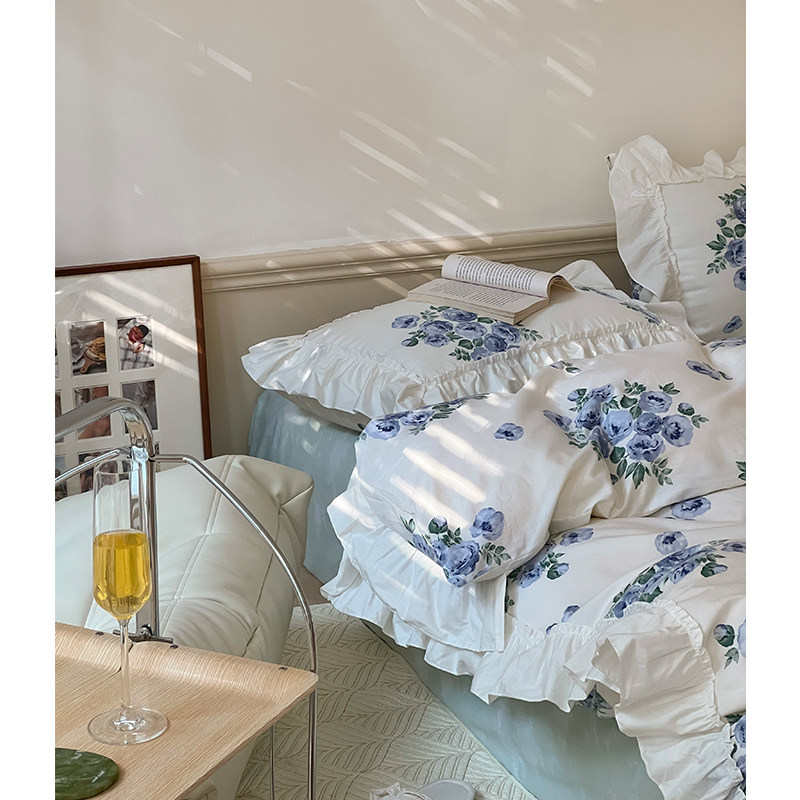 the ludlows法式碎花全棉床上四件套 少女心花边被套纯棉床单床笠