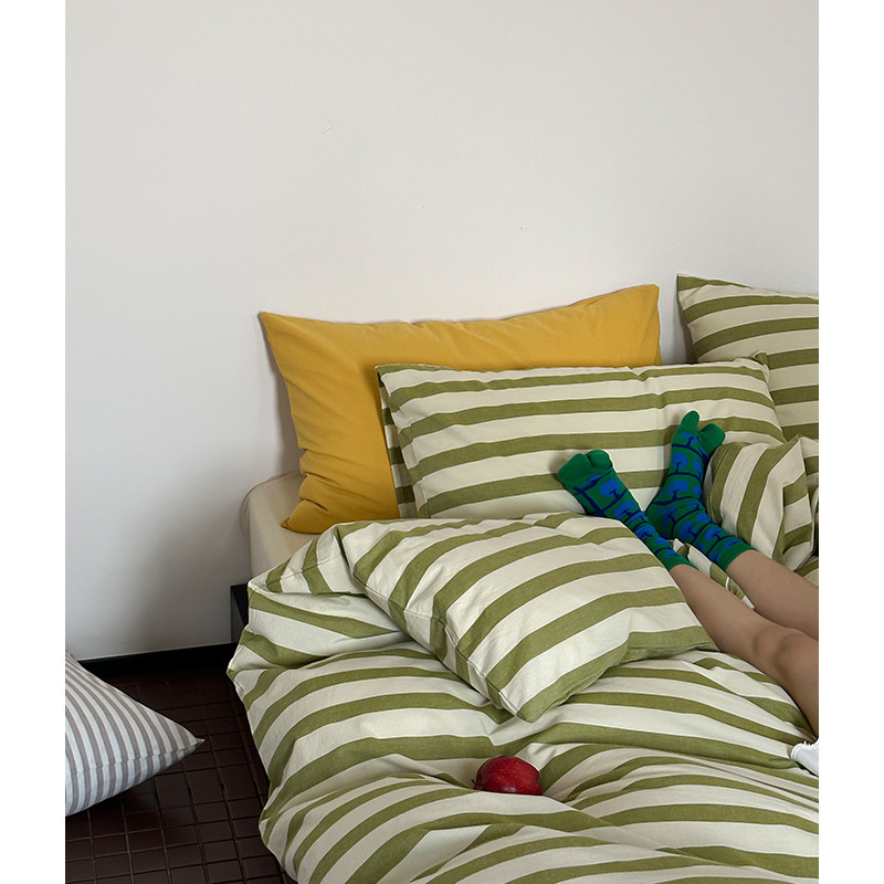 ins韩国复古芥末绿条全棉水洗棉床单被套 北欧简约纯棉床上四件套