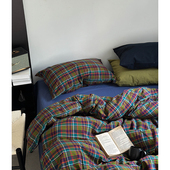 vintage中古风复古格子全棉床上四件套 北欧简约100纯棉床单被套
