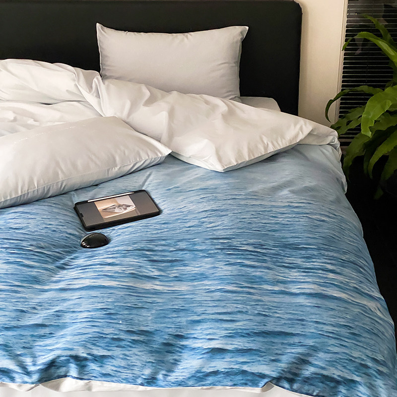 ocean蓝色海洋100支数码印花全棉四件套纯棉贡缎丝滑被套床品套件